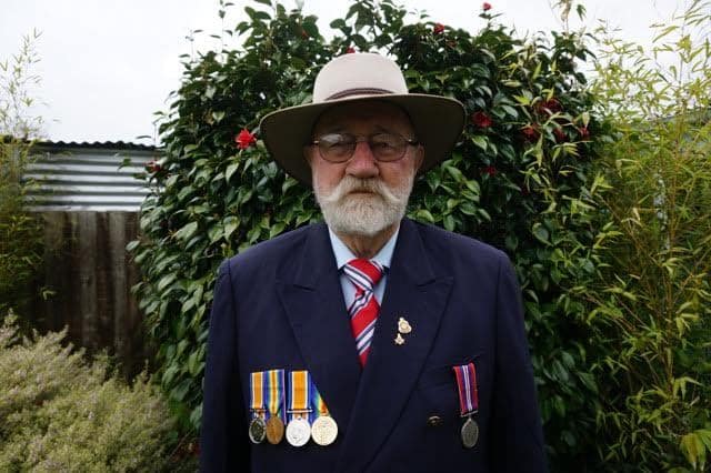 Rob's dad Hugh wearing William Hunt's Victory Medal alongside other family war medals.