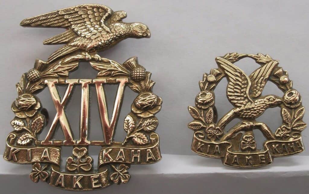 14th (South Otago) Rifles Regt hat badge (left) and collar badge.